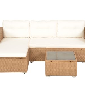 Bộ Sofa Góc Mây Nhựa Ngoài Trời Kèm Bàn Trà Mặt Kính – Phong Cách Resort, Êm Ái & Bền Bỉ