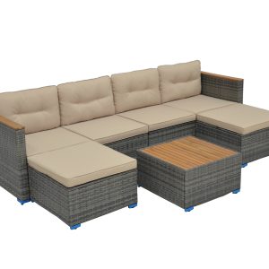 Bộ Sofa Góc Ngoài Trời Mây Nhựa Kèm Đệm & Bàn Trà (Set Sofa L)