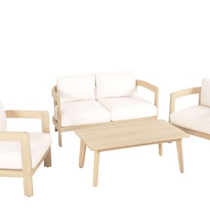 Bộ Sofa Ngoài Trời Gỗ & Dây Đan – Đệm Trắng Kem (Sofa + 2 Ghế + Bàn Trà)