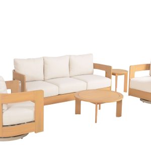 Bộ Sofa Ngoài Trời Gỗ Tối Giản – 5 Món (Sofa 3 Chỗ + 2 Ghế Xoay + Bàn Trà + Bàn Phụ)
