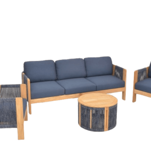 Bộ Sofa Ngoài Trời Rope Đan & Gỗ – Đệm Xanh Navy (Sofa 3 Chỗ + 2 Ghế Đơn + Bàn Tròn)