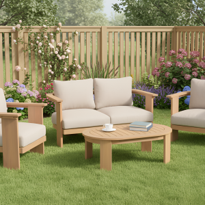 Bộ Sofa Gỗ Ngoài Trời 4 Món – Đệm Kem (1 Sofa 2 Chỗ + 2 Ghế Đơn + Bàn Trà)